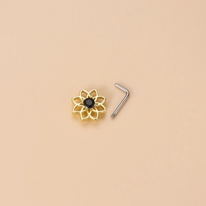 20G stainless steel L-shaped nose stud with vintage gold flower and black zircon stone