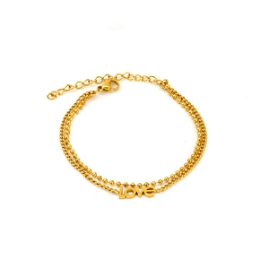 Gold double-layer beaded chain bracelet with LOVE pendant made of stainless steel