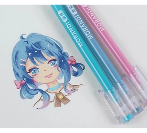 Detailed view of Morandi color gel pens alongside a character illustration drawing