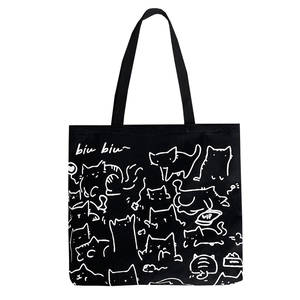 Artistic canvas tote bag with hand-drawn cat illustration and biu biu lettering
