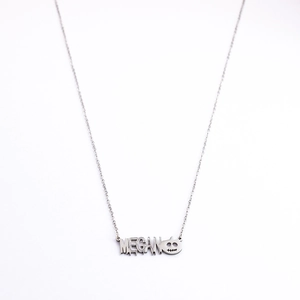 Detail of silver stainless steel necklace with Megan letter pendant on white background