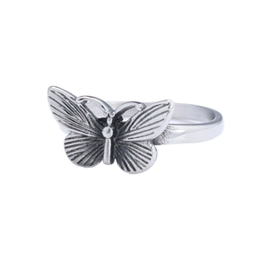 Vintage stainless steel butterfly ring with antique silver finish and detailed wing textures