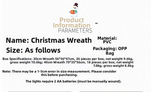 Technical specifications for PVC Christmas wreaths in 30cm and 40cm sizes with battery info