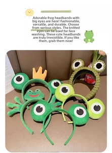 Close-up of green cartoon frog headbands featuring plush fabric and knit textures