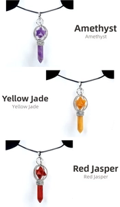 Detail of hex column pendants in Amethyst, Yellow Jade, and Red Jasper with silver frames