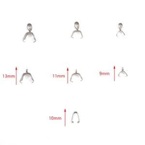Polished silver stainless steel pinch bails in 13mm, 11mm, 10mm, and 9mm sizes