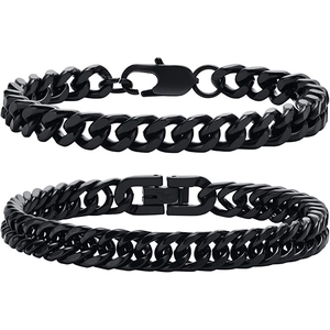 Two black stainless steel Cuban and Figaro chain bracelets with lobster and folding clasps