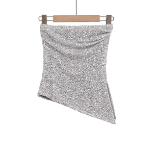 Top Tubo Con Paillettes Argentate Orlo Asimmetrico Senza Spalline Party Sexy Donne Crop Top