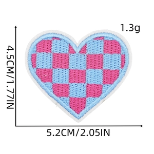 Detailed dimensions of checkered heart embroidery patch with pink and blue grid pattern