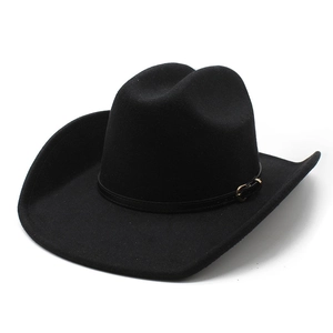 Classic black western cowboy hat with felt texture and gold buckle leather band