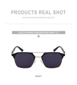 Front view of pilot sunglasses with gold metal double bridge and dark grey gradient lenses