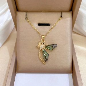Dragonfly Pendant Necklace Stainless Steel Chain And Copper Pendant With Rhinestones Colorful Wings Elegant Jewelry For Women