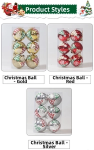 Set of 6 Christmas baubles in gold red and silver with white snowflake patterns