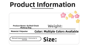 Detailed spec sheet for quilted checkered makeup bag showing polyester material and sizes