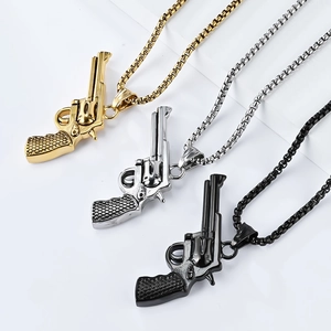 Hip-hop revolver pendant necklace in gold, silver, and black finishes with box chain