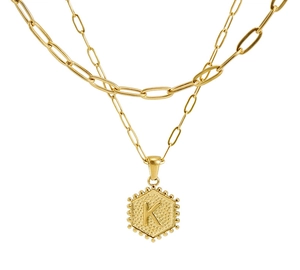 Detail of 18K gold double layer necklace with paperclip chain and initial K pendant