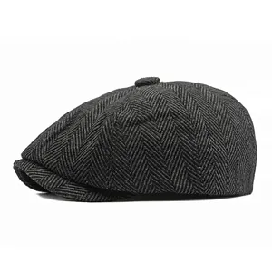 Classic herringbone newsboy cap in dark grey wool blend with vintage British style