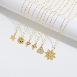 Golden necklace collection featuring zircon cactus star and butterfly charms