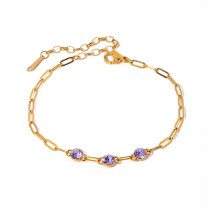 18k gold plated stainless steel paperclip chain bracelet with purple zircon stones