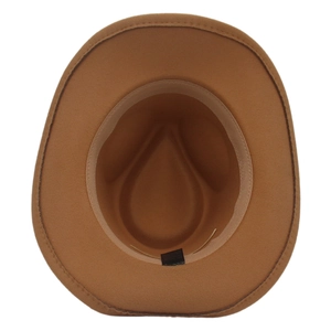Top view of brown wool felt cowboy hat interior with stitched sweatband and label