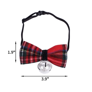 Red plaid pet bow tie with silver bell, size 1.9 x 3.9 inches for Christmas party