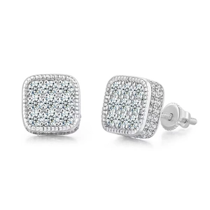 Detailed view of square iced out stud earrings with silver plating and white zircon stones