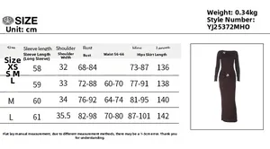 Guide des tailles détaillé pour robe longue moulante à manches longues et détails en métal