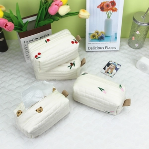 Quilted cotton tissue box cover with cute cherry embroidery and convenient handle