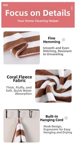Close-up of coral fleece towel showing striped texture, reinforced edges and hanging loop