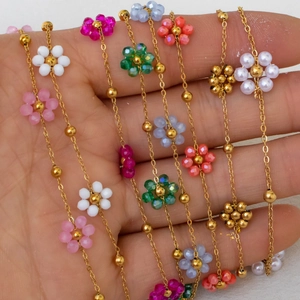 Bohemian colorful beaded flower necklace and bracelet set with gold stainless steel chains