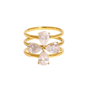 Three-layer gold stainless steel ring with four pear-shaped cubic zirconia heart petals