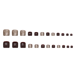Lot de 24 faux ongles d'orteils rouge vin et paillettes champagne avec finition brillante
