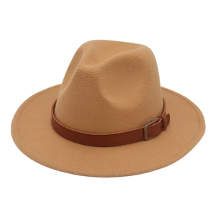 Close-up of camel felt fedora hat featuring a brown faux leather belt with metal buckle