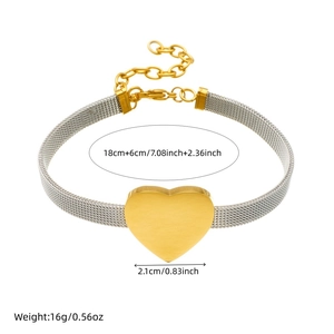 Gold heart pendant on silver mesh chain bracelet with adjustable links for women