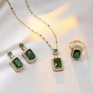 Elegant emerald jewelry set with rectangle pendant necklace earrings and ring in gold finish