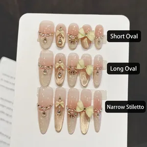 Handmade Press On Nails Pink Gradient Cat Eye With 3D Bow Artificial Pearl Rhinestone Long Almond Shape Elegant Women