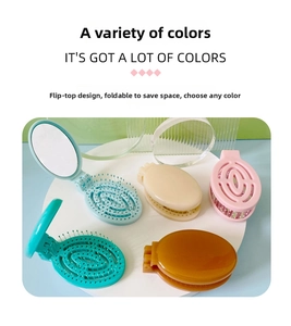 Macro detail of portable folding hairbrushes with built-in mirrors in multiple pastel colors
