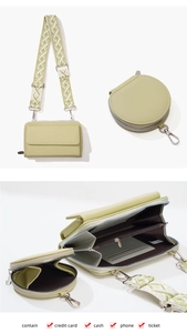 Detail view of avocado green lychee texture phone bag with internal slots and round coin purse