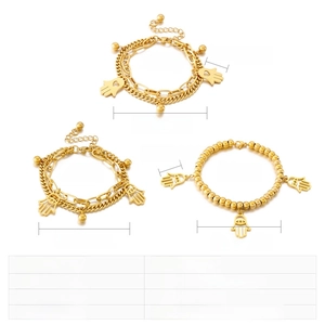 Detailed specs of double-layer gold Hamsa pendant bracelets in durable stainless steel