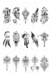 Detailed catalog of 15 black and white temporary tattoo designs featuring wolves and flowers