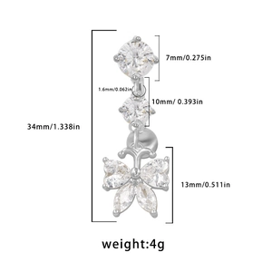 Dimensions détaillées du piercing de nombril papillon argenté avec des cristaux clairs