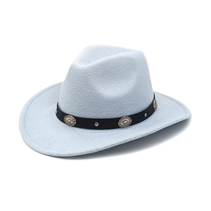 Classic light blue-gray felt western cowboy hat with vintage silver floral buckle and leather band