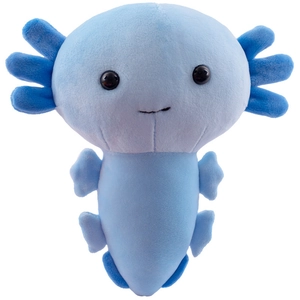 Cute blue axolotl plush toy with soft fabric and six colorful gills on white background