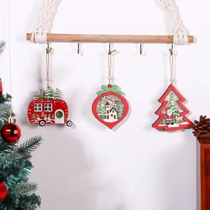 Detailed view of LED wooden Christmas ornaments hanging on a rustic branch decoration