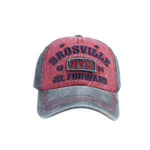 Vintage washed red and charcoal grey baseball cap with high-density embroidery and distressed finish