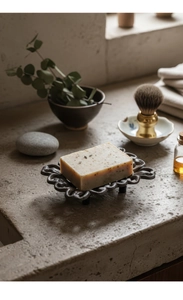 Macro shot of vintage cast iron soap dish with ornate petal edges and rustic handmade soap