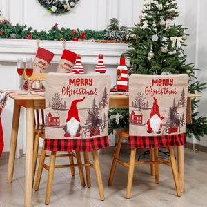 Christmas gnome chair cover set with red plaid ruffles and Merry Christmas print