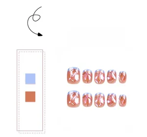 Détails d'ongles press-on bleu français avec paillettes or rose et accents strass