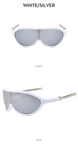 Front and side view of futuristic white outdoor cycling sunglasses with silver lenses