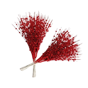 Macro detail of red glitter berry stems for Christmas tree and wreath decoration